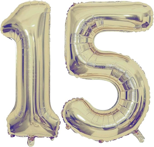 Champagne Gold 15 Number Balloons, 40 Inch Giant Number 15 Balloons Foil Mylar Helium Light Gold Number Balloons for 15th Birthday Party Supplies Anniversary Event Celebration Decorations