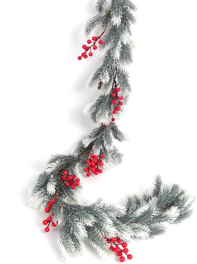 RECUTMS Evergreen Pine Needle Vine Red Berry Christmas Fireplace Decor Winter Berry Garland Pinecones for Crafts Christmas Picks Faux Garland Ideal for Living Room and Corridor Seasonal Decor(White)