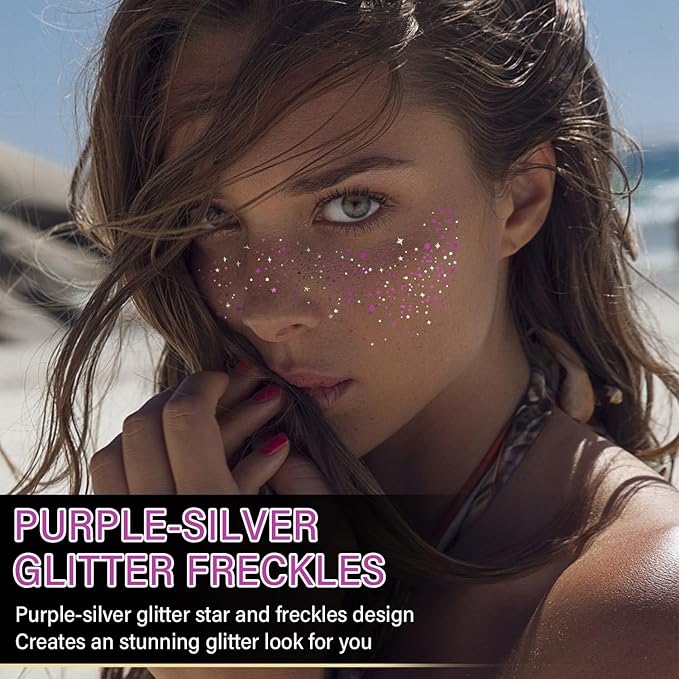 10 Pcs Purple and Silver Dual-tone Glitter Freckles, Halloween Glitter Freckle Face Tattoos, Waterproof Face Sparkle Temporary Tattoos, Long-lasting 48h Halloween Makeup for Women and Kids