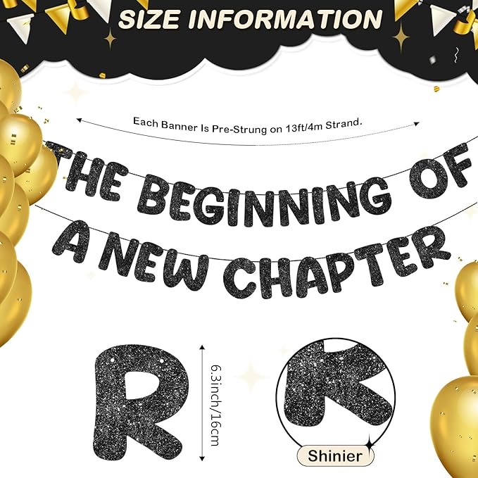 Fulmoon Pre Strung the Beginning of a New Chapter Banner, Glitter Graduation Party Decorations, Happy Retirement Supplies, Going Away Farewell New Home Job Change Party Sign Garland(Black)