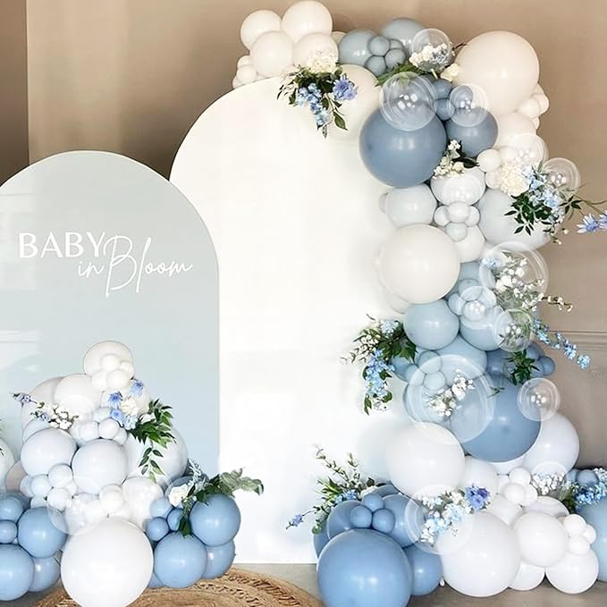 Dusty Blue Balloon, 12 inch Blue White Clear Balloon, Light Blue Macaron Blue Matte White Balloons with Transparent Balloons for Birthday Party Wedding Baby Shower Gender Reveal Decorations