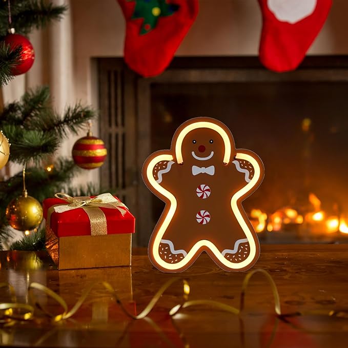 Gingerbread Christmas Decorations for Home LED Lighted Christmas Gingerbread Decor Farmhouse Wooden Tiered Tray Signs Rustic Holiday Table Sign Kitchen Xmas Party Mantel Gift Winter