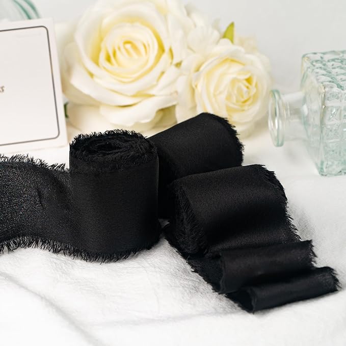 Satin Silk Ribbon, Black Ribbon for Wrapping, 1-1/2 inch x 15 Yd Handmade Frayed Fringe Ribbon, for Wedding Engagement Birthday Showers Crafts Flower Bouquet Invitation Decor, 3 Rolls
