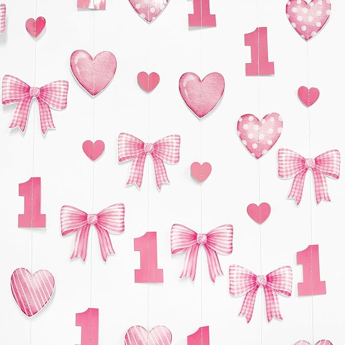 Pink Bow 1st Decorations Pink Plaid Twill Polka Dot Heart Bow Hanging Streamer Garland Banner for Happy First Birthday Girls Just Wanna be One Bday Decor 1st Anniversary Party Decorations Supplies