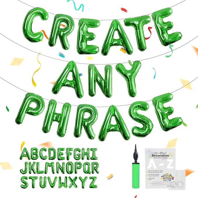 53pcs Green Letter Balloons, Custom A-Z Set for Personalizing Names & Phrases on Party Supplies Banners - Inflate with Balloon Pump, for boy Birthdays/Baby Shower