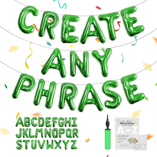 53pcs Green Letter Balloons, Custom A-Z Set for Personalizing Names & Phrases on Party Supplies Banners - Inflate with Balloon Pump, for boy Birthdays/Baby Shower
