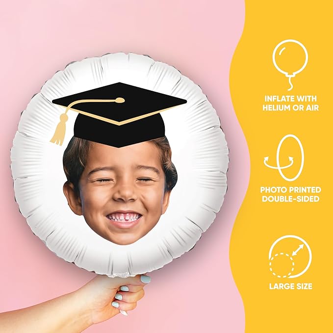 Big Dot of Happiness Personalized Grad Cap Fun Face Photo Balloon, Elementary High School College Custom Graduation Party Decorations, Double-Sided Round Circle Mylar, 1 Piece