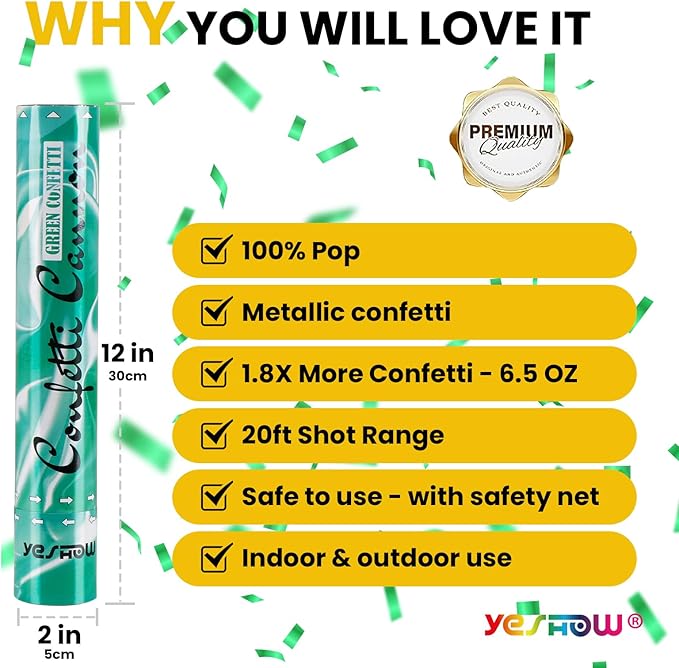 Confetti Cannon Poppers Green, 6PACK YESHOW Green Mylar Confetti Shooter for Graduation, Birthday Party, Nature Party Christmas Eve and New Year Celebration