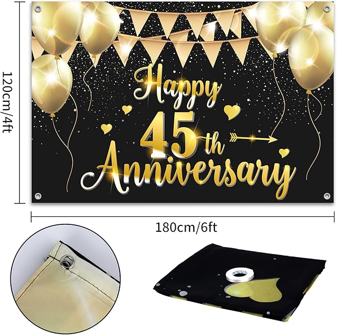 HAMIGAR 6x4ft Happy 45th Anniversary Banner Backdrop - 45 Wedding Anniversary Decorations Party Supplies - Black Gold