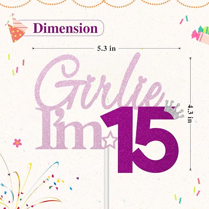 Girlie I'm 15 Cake Topper, 15th Birthday Decorations for Girl, Glitter Funny 15th Birthday Cake Topper, Girlie 15 Year Old Birthday Party Decoration Supplies
