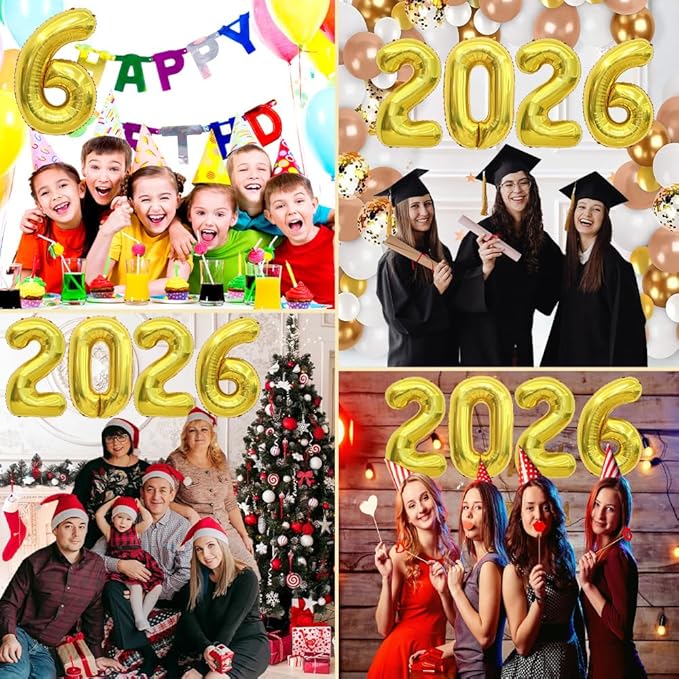 2026 Balloons, 2026 Number Balloons, 2026 Gold Balloon, Foil Happy New Year Balloon for New Year Eve Party Supplies 2026 Graduation Decorations Anniversary Birthday Home Office Decorations, 16 Inch