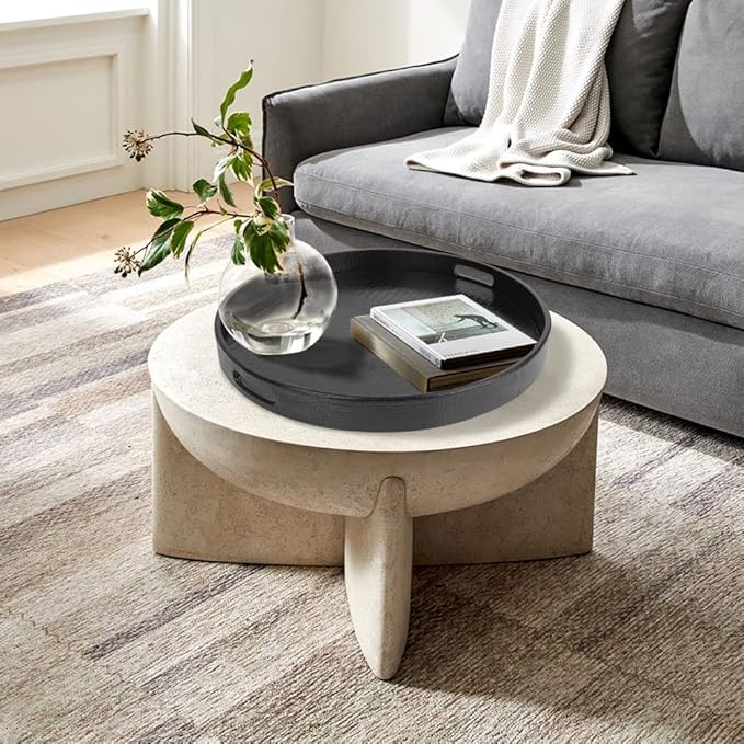 HofferRuffer Extra Large Round Serving Tray, Elegant Faux Leather Circle Ottoman Table Tray with Handles, Serve Tea, Coffee or Breakfast in Bed, Diameter 23.6 x 2.4 inches Height (Black)