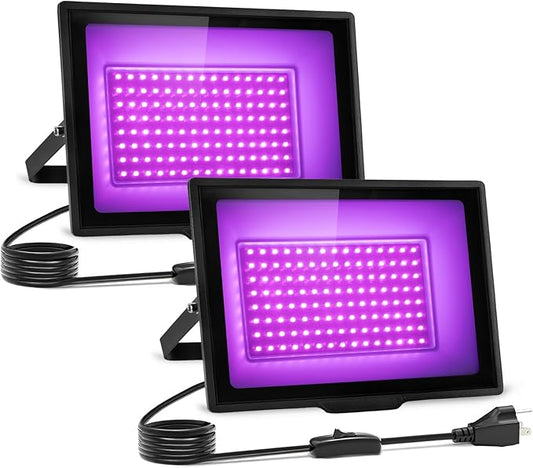2 Pack 80W LED Black Lights, IP66 Waterproof Blacklight Flood Lights with Plug & Switch, UV Lighting for Halloween Party, Glow in The Dark, Body Paint, Stage & Neon Glow Decor