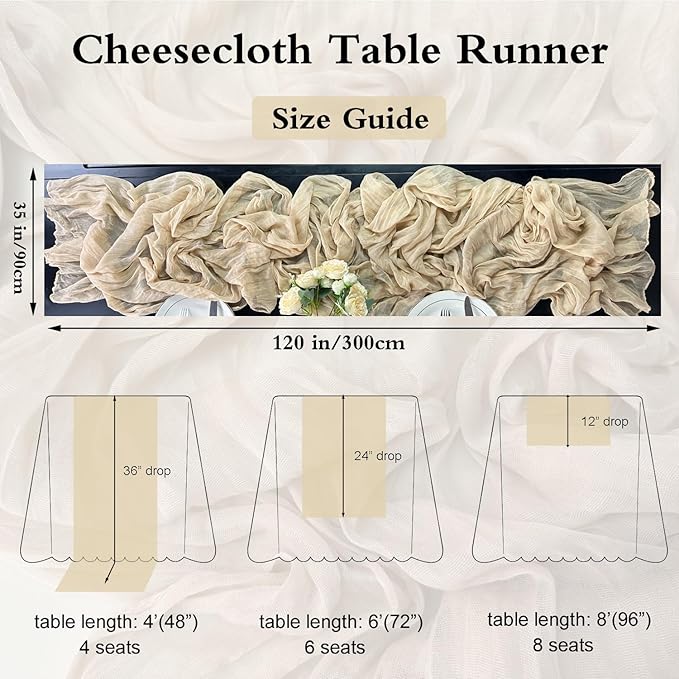 Booque Valley 3 Pack Beige Cheesecloth Table Runner 10ft Super Soft Boho Wrinkled Gauze Sheer Cloth for Baby Shower Baptism Birthday Party Wedding Centerpiece Table Decoration, 35x120 Inch