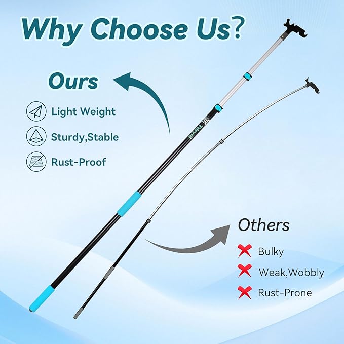12 FT Telescopic Christmas Light Pole with Hook | Lightweight Aluminum Extension Pole for Outdoor String Lights, Holiday Decorations, Bird Feeders | Ladderless High Reach Tool with Universal Thread