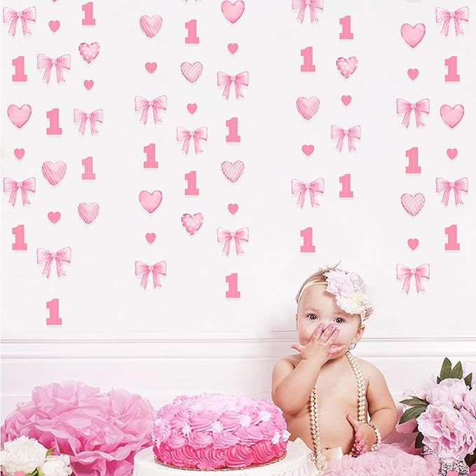 Pink Bow 1st Decorations Pink Plaid Twill Polka Dot Heart Bow Hanging Streamer Garland Banner for Happy First Birthday Girls Just Wanna be One Bday Decor 1st Anniversary Party Decorations Supplies