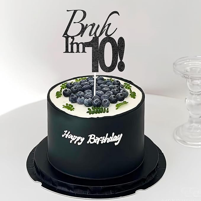 Bruh I'm 10 Cake Topper - Black Glitter Happy 10th Birthday Decorations for Boys Teens, Funny 10 Year Old Party Supplies, Bro I'm 10 Cake Decor (Bruh I'm 10！, 10th black)