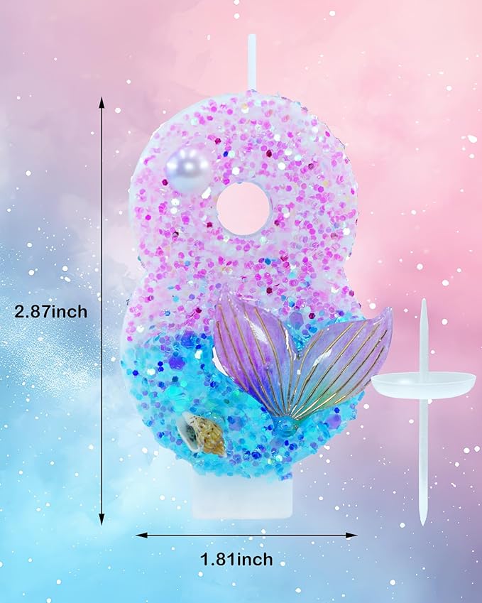 Mermaid Themed Birthday Candles, Number 8 Girls Glitter Birthday Party Supplies,Anniversary Party Decor,2.87 inch Cake Topper Decorations (Mermaid Themed, Number 8)