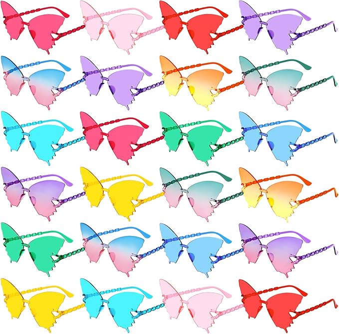 Pibupibu 24 Pack Star/Heart/Butterfly/Flame Sunglasses Bulk, Rimless Fun Colorful Sunglasses for Women Party Favors