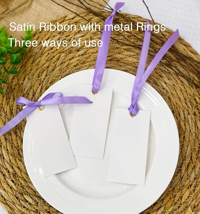 25 Pcs Name Place Cards Blank Seat Card, 2 x 4 in Table Cards with Stain Ribbon, Wedding Place Card, Hanging Tags for Wedding Table Setting Reserved Chairs Signs Dinner Banquet Parties.(Purple)