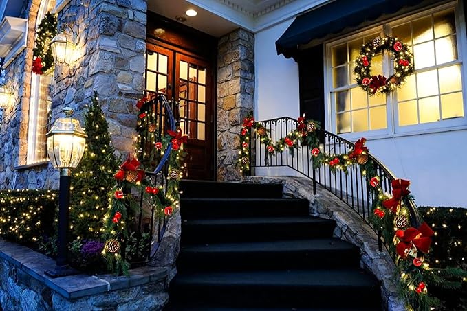 RECUTMS Christmas Garland with Pine Cones, Red Berry, 6.5FT, 20 LED Fairy Pinecone Lights for Fireplace Mantle, Winter Xmas Tree Party Indoor Outdoor Decorations (2 Pcs)