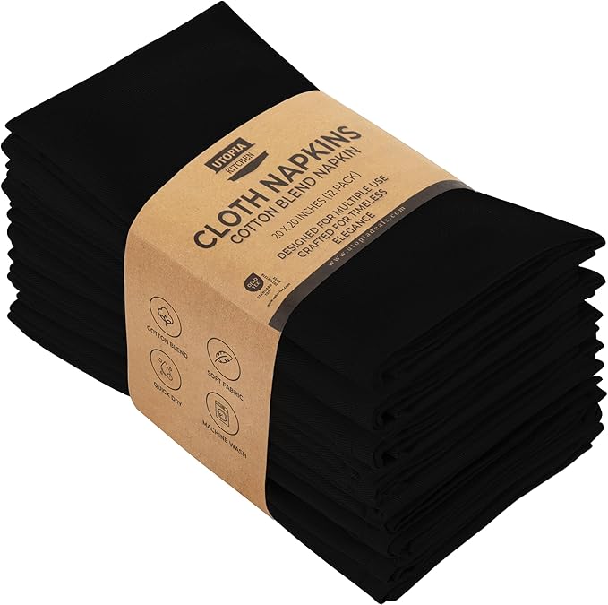 Utopia Kitchen Black Cloth Napkins [12 Pack, 20x20 Inch] Absorbent Cotton Blend Washable and Reusable for Dinner, Restaurant, Lunch, Wedding and Hotel