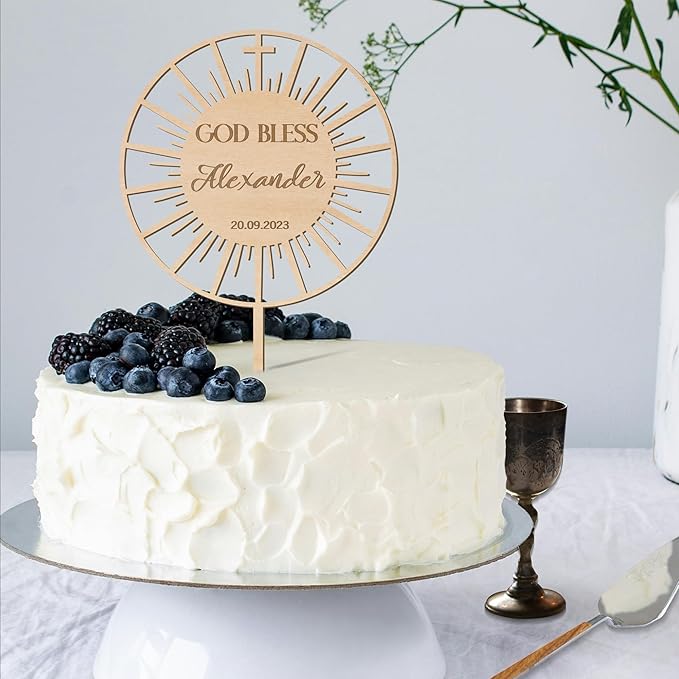 Personalized Baptism Cake Topper in Wood Custom Name & Date God Bless Cake Topper Decoration (Design 01)