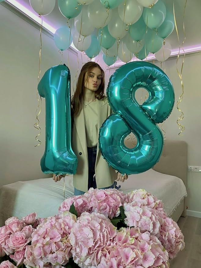 Teal Blue Foil Number 8 Balloon 40 Inch, Helium Mylar Eight Number 8 18 28 38 48 58 80 88 Birthday Balloons, 8th Teal Blue Women Men Wedding Anniversary, Graduations Party Supplies