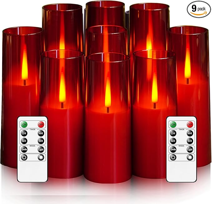 Flameless LED Candles, Upgraded Realistic 9 Pcs Flickering Flame Pillar Candles, Battery Operated Candles with Remote Timer, for Romantic Ambiance and Home Decoration (Red)