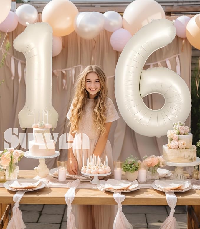 SUWEN 40 Inch Cream White Large 16 Number Balloons Big Foil Helium Number Balloons 0-9 Jumbo Happy 16th Mylar Birthday Party Decorations for Boy or Girl 61 Anniversary Party Supplies