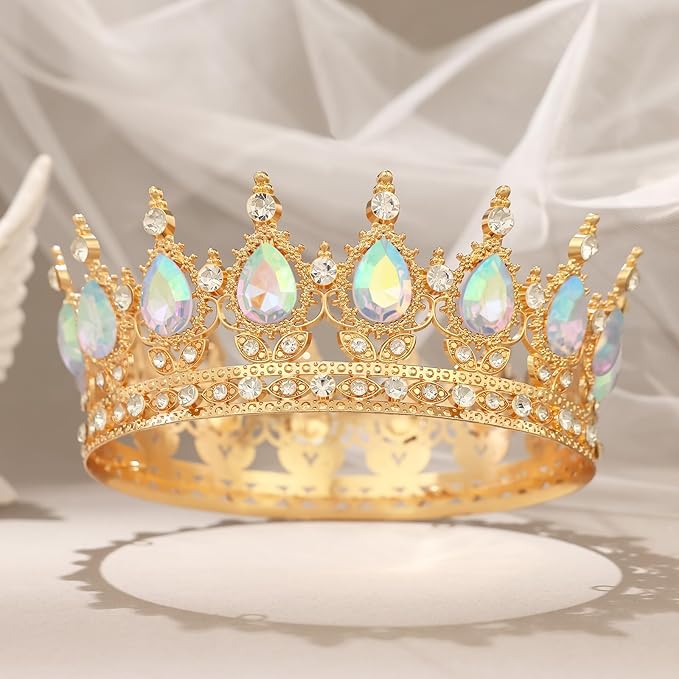 AB Gold Crown for Women Crystal Tiara and Queen Crown for Girl Wedding Headband for Bride Hair Accessories for Costume Birthday Party Cake Decoration Prom