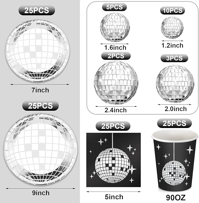 121 Pcs 70s 80s Disco Ball Christmas Party Decorations Disposable Paper Plates Napkins Cups Bachelorette Silver Balls Tableware Set for Wedding Cocktail Birthday Dancing Queen Party(Black, Silver)