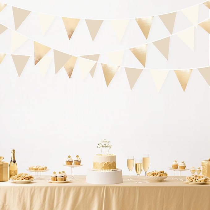 32Ft Champagne Gold Party Decorations Metallic Champagne Gold Beige Fabrci Pennant Banner Triangle Flag Garland Streamers for Birthday Anniversary Wedding Baby Bridal Shower Martini Party Supplies