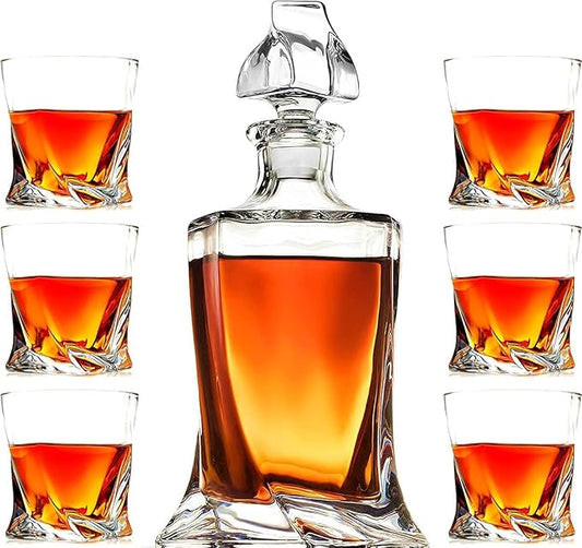 Whiskey Decanter Glasses Set Lead-Free Crystal Glass Scotch Tasting Cups Wine Bottle for Drinking Irish Whisky Bourbon Tequila tumbler (Twist, 1 Decanter & 6 Glasses Set)