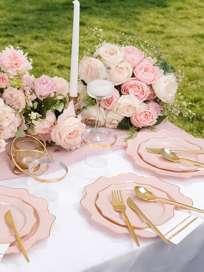 WDF 350Pcs Pink Plastic Plates - Pink and Gold Disposable Plates 50Guest Plastic Dinnerware for Baby Shower/Birthday/Wedding