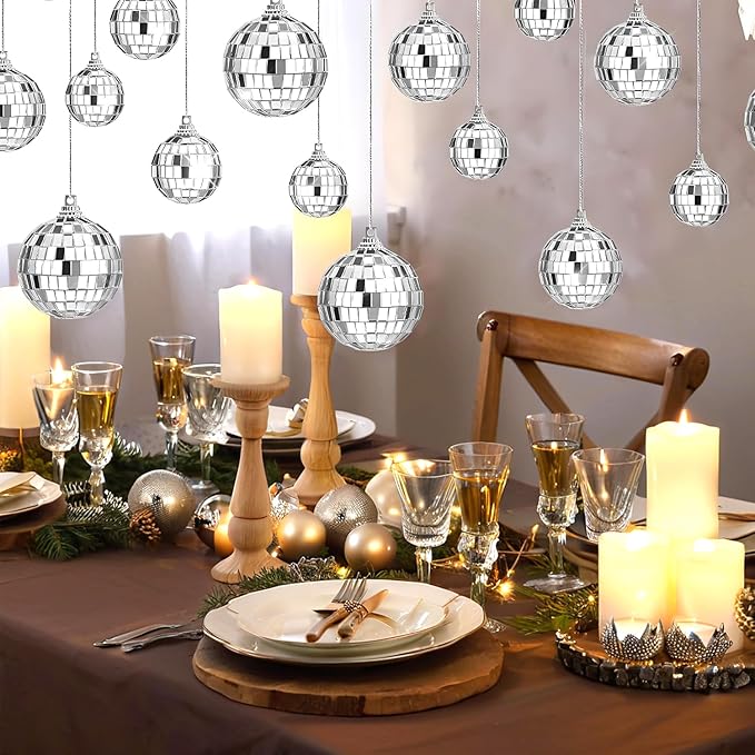 46 PCS Disco Mirror Ball Reflective Mini Glass Hanging Decorations Assorted Silver 6 Inches Large Disco Ball for Wedding Dance Music Ballroom Hall Props Club Stage Backdrop Props (4 inch)