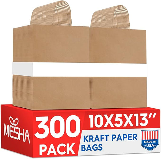 MESHA Gift Bags 10X5X13 Inch 300 Pack,Large Brown Paper Bags with handles bulk for Small Business