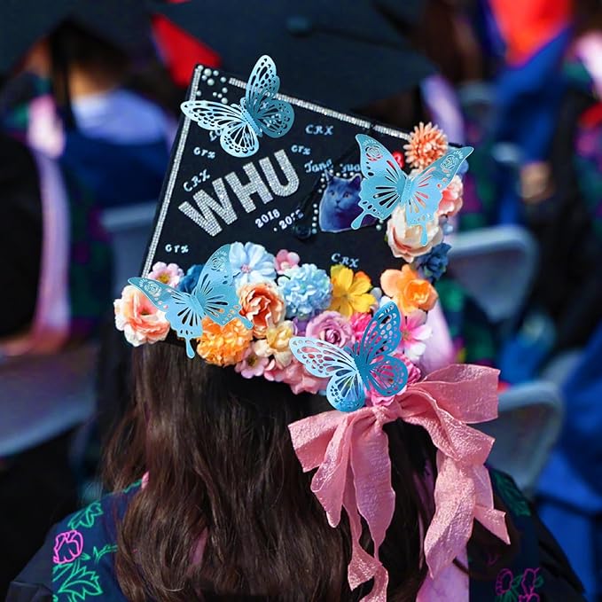 Light Blue Butterfly Decorations, 48Pcs 2 Styles 3 Sizes Butterflies for Grad Graduation Caps Cake Cupcake Toppers, 3D Paper Sticker for Bouquets Birthday Baby Shower Kids Girl Room Wall Nursery Decor