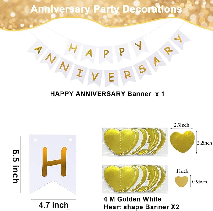 Happy Anniversary Banner Balloons Wedding Love Party and Background Indoor Outdoor Decorations (Gold White Heart)