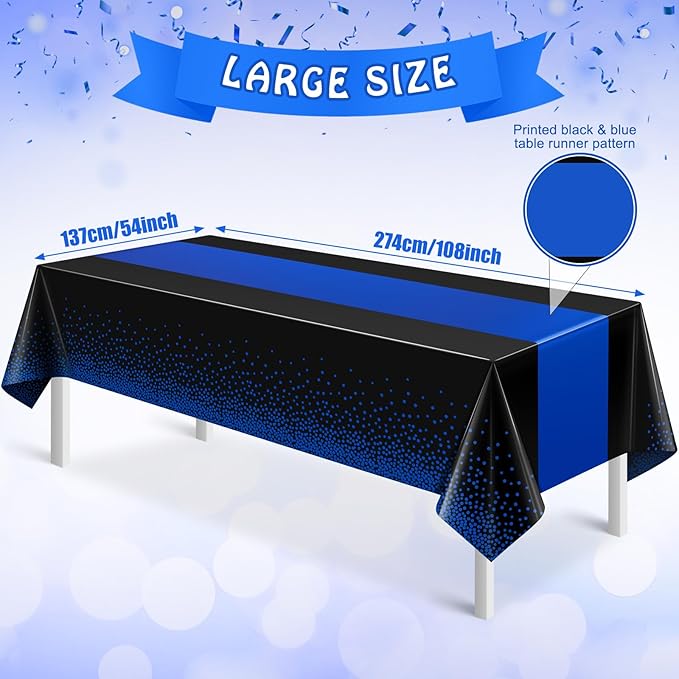MASHAN 6Pcs Black and Blue Tablecloth Party Decorations,Plastic Black Table Cloth Printed Blue Runner Disposable Rectangle Table Cover for Birthday Wedding Anniversary Graduation Party,54 x108 Inch