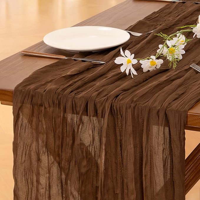 Socomi Brown Coffee Cheesecloth Table Runner Fall Thanksgiving Boho Rustic Gauze 120 inch 10FT Cheese Cloth Runner for Wedding Party Baby Shower Birthday Home Decor Holiday Decorations