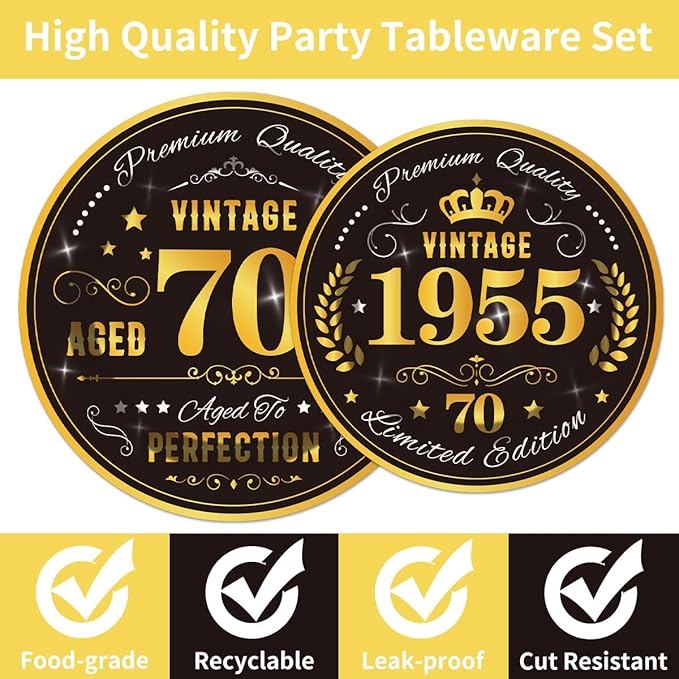 96PCS 70th Birthday Plates and Napkins Party Supplies 70th Birthday Decorations for Men 70th Anniversary Decorations Vintage 1955 Birthday Party Tableware Sets Serve 24 Guests