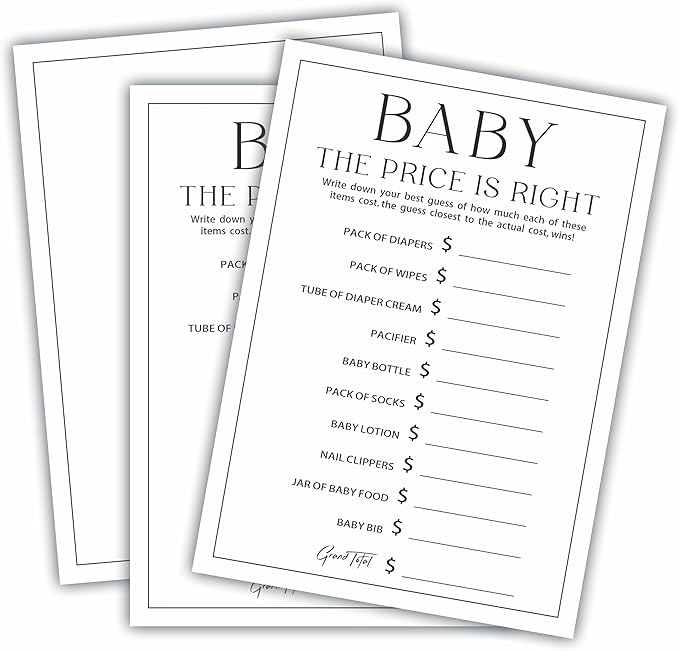 5" X 7" Baby Shower Party Games-Set Of 30 Minimalism Black & White-Guess The Price Game For Guest-Wishes For Baby-Baby Announcement Gender Reveal Game Card 04