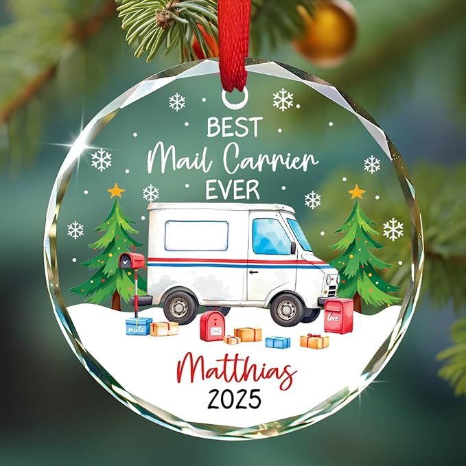 Best Mail Carrier Ever Christmas Ornament, Personalized Postal Worker Appreciation Glass Ornament, Mail Truck Christmas Tree Decorations for Mailman Postman, Custom Name & Year Mailman Ornaments Xmas