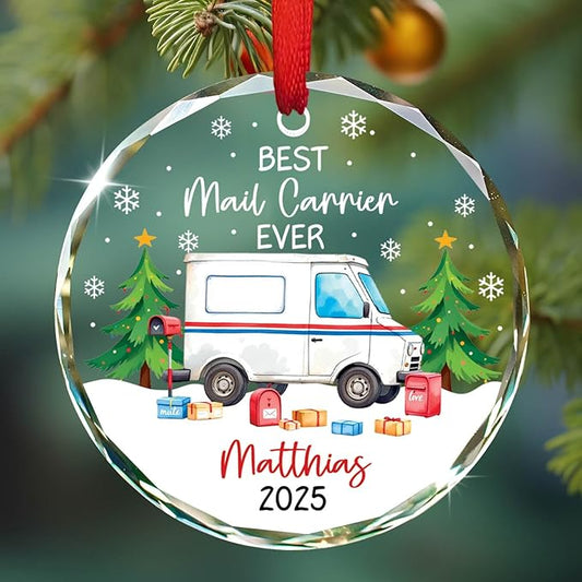 Best Mail Carrier Ever Christmas Ornament, Personalized Postal Worker Appreciation Glass Ornament, Mail Truck Christmas Tree Decorations for Mailman Postman, Custom Name & Year Mailman Ornaments Xmas