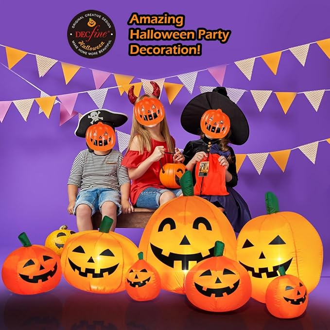Halloween Inflatable Pumpkin Outdoor Decoration,JackoLanterns with Build-in LED Lights, Blow Up 7 Pcs Pumpkins Patch for Halloween Party Indoor Garden Lawn Yard Decor (7.5 FT 7 Pumpkins)