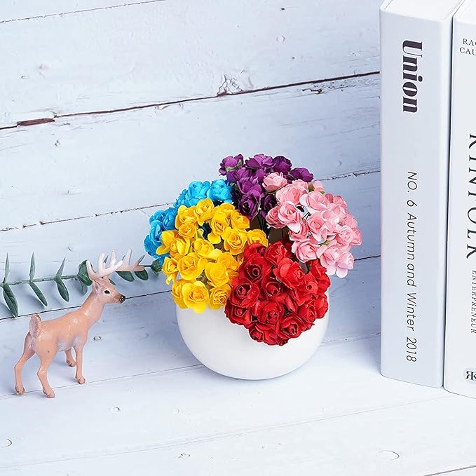 144pcs Mulberry Paper Mini Roses Artificial Flowers Heads with Stems for DIY Crafts Accessories Make Bridal Hair Clips Headbands Dress Wedding Bridal Bouquets Party Home Decor Valentine's (Silver)