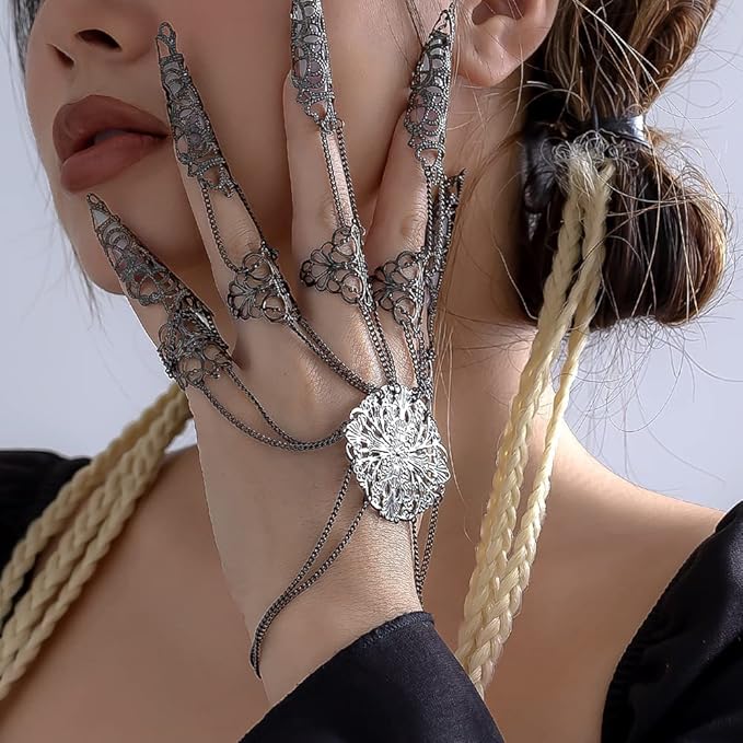 Octwine Pack of 1 Halloween Ancient Queen Finger Nails Tip Claw Bracelet Belly Dance Hand Chain Cosplay Vintage Bracelet for Women (Black)