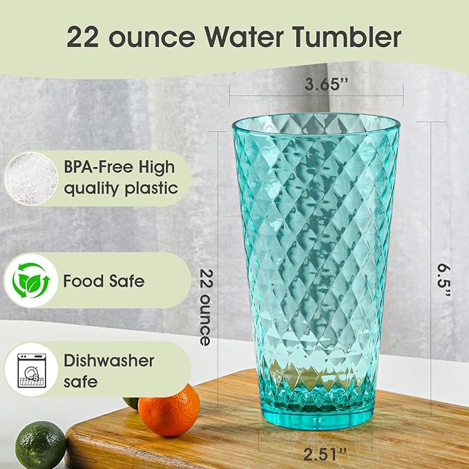BPA-Free Plastic Tumblers 8 Pack (4x16oz+4×22oz) | Reusable Dishwasher Safe | Stackable Shatterproof Cups | Plastic Drinkware & Drinking Tumblers for Restaurant, Home, Party