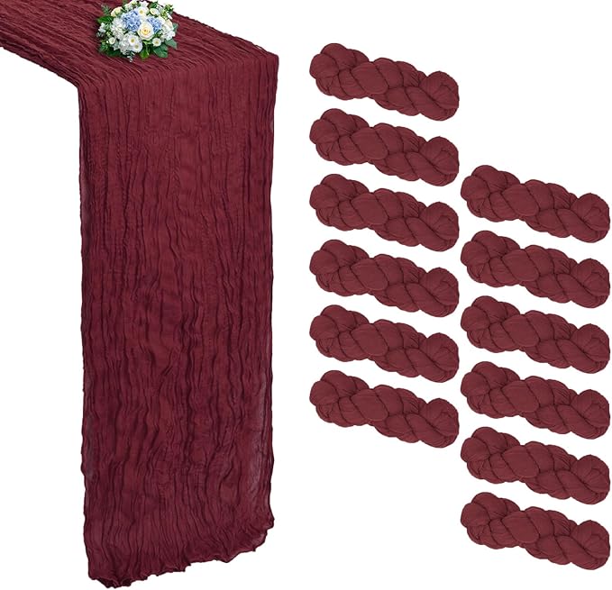 12 Pack Burgundy Cheesecloth Table Runner 10FT Boho Cheese Cloths Gauze Fabric Table Runners 120 Inch Rustic for Christmas Fall Thanksgiving Wedding Birthday Party Baby Shower Home Decorations